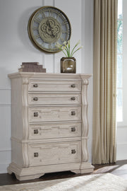 Bruchandi California King Upholstered Panel Bed with Dresser and Chest in Antique White - PKG023754