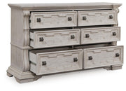 Bruchandi California King Upholstered Panel Bed with Dresser and Nightstand in Antique White - PKG023753
