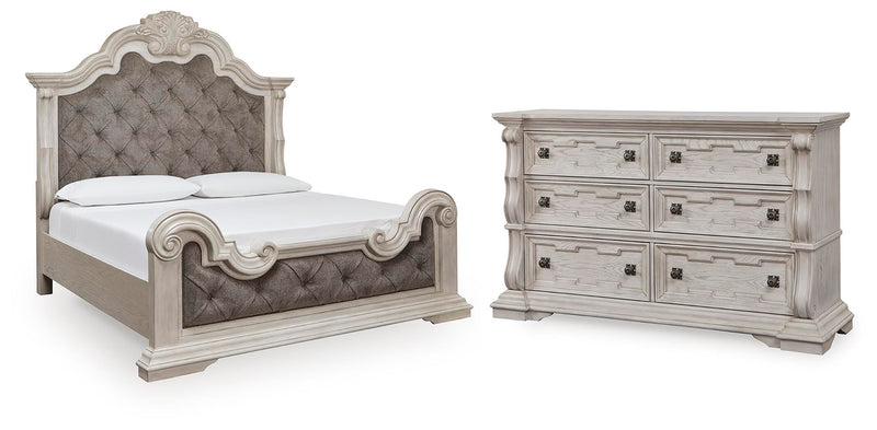 Bruchandi California King Upholstered Panel Bed with Dresser in Antique White - PKG023750