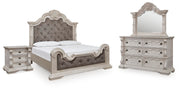 Bruchandi California King Upholstered Panel Bed with Mirrored Dresser and Nightstand in Antique White - PKG023752