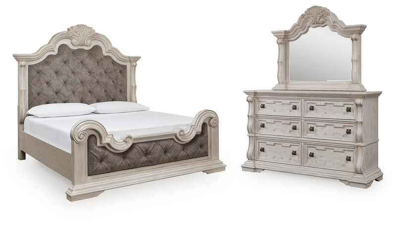 Bruchandi California King Upholstered Panel Bed with Mirrored Dresser in Antique White - PKG023751