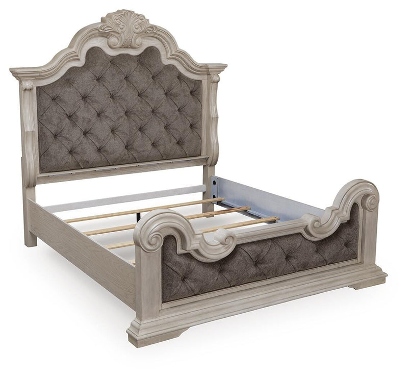 Bruchandi California King Upholstered Panel Bed with Mirrored Dresser in Antique White - PKG023751