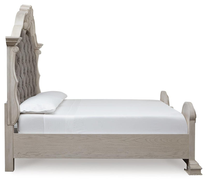 Bruchandi King Upholstered Panel Bed with Dresser and Chest in Antique White - PKG023749