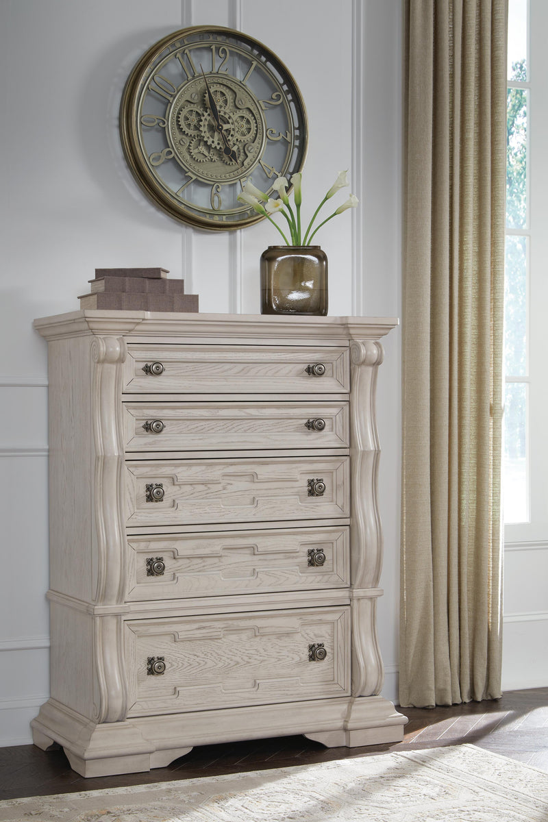 Bruchandi King Upholstered Panel Bed with Dresser and Chest in Antique White - PKG023749