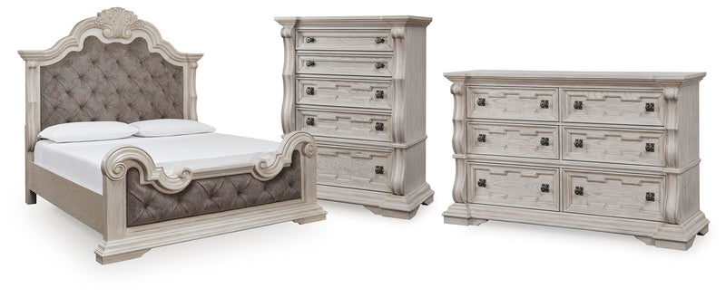 Bruchandi King Upholstered Panel Bed with Dresser and Chest in Antique White - PKG023749