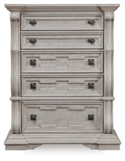 Bruchandi King Upholstered Panel Bed with Dresser and Chest in Antique White - PKG023749