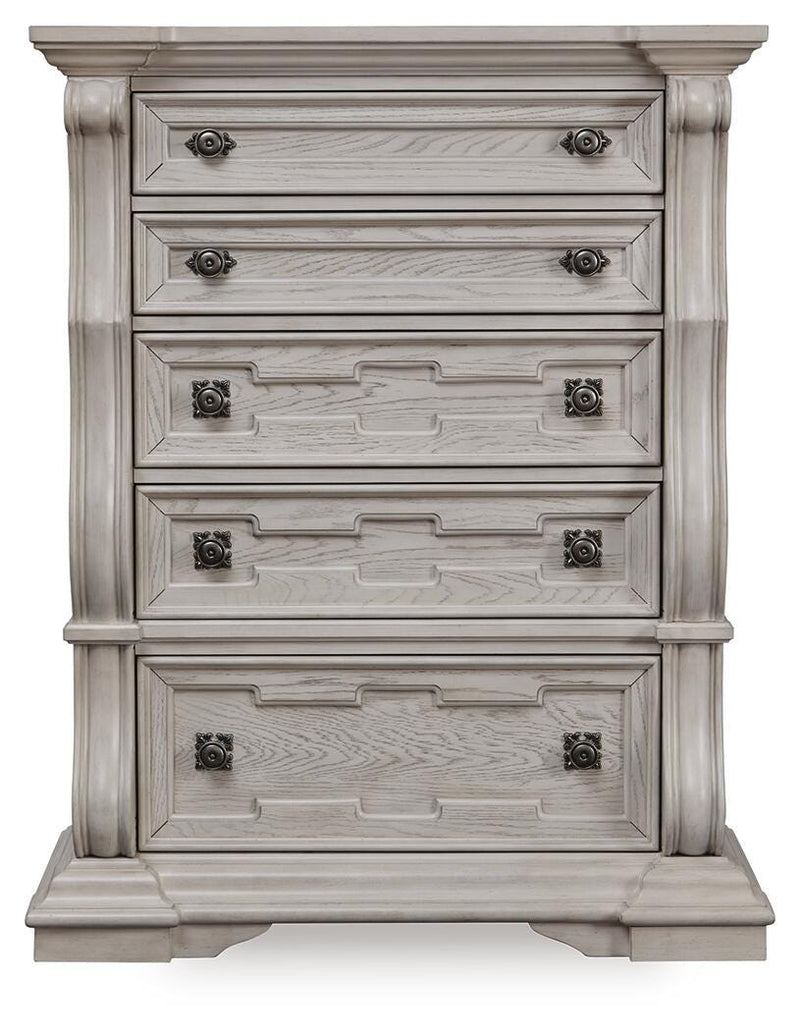 Bruchandi King Upholstered Panel Bed with Dresser and Chest in Antique White - PKG023749