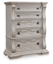 Bruchandi King Upholstered Panel Bed with Dresser and Chest in Antique White - PKG023749