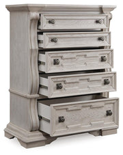 Bruchandi King Upholstered Panel Bed with Dresser and Chest in Antique White - PKG023749