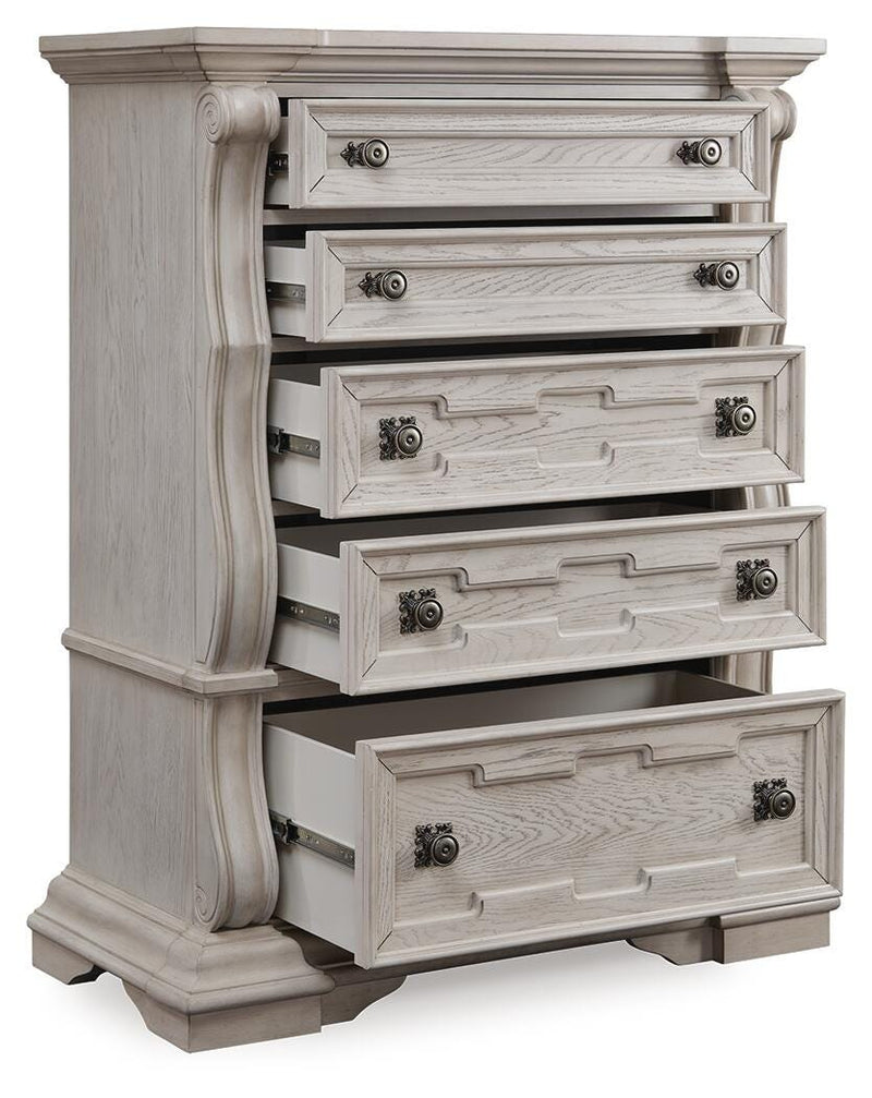Bruchandi King Upholstered Panel Bed with Dresser and Chest in Antique White - PKG023749