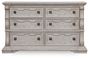 Bruchandi King Upholstered Panel Bed with Dresser and Nightstand in Antique White - PKG023748