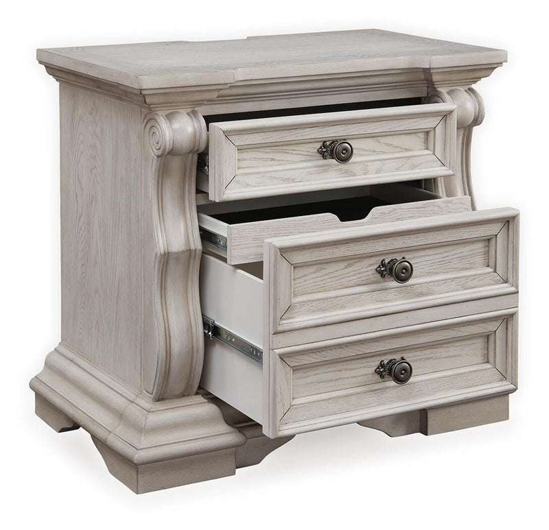 Bruchandi King Upholstered Panel Bed with Dresser and Nightstand in Antique White - PKG023748