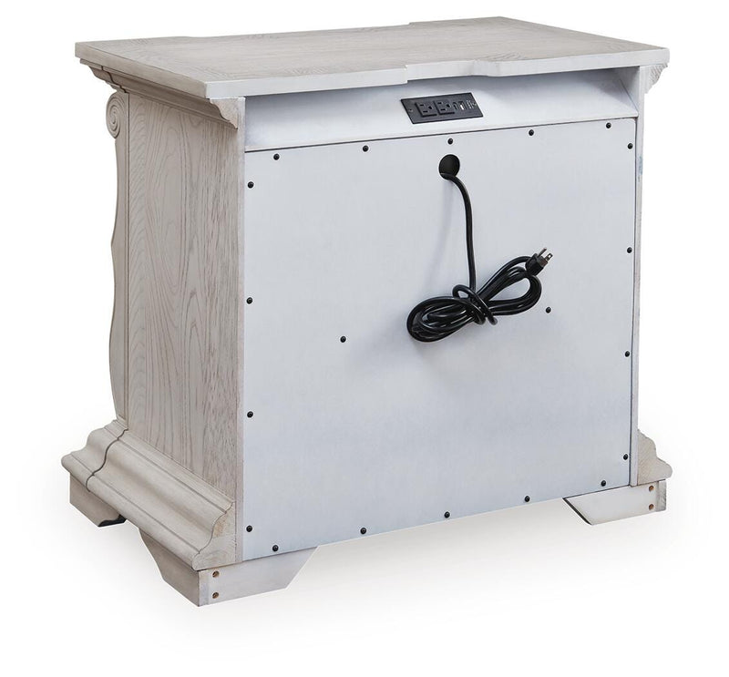 Bruchandi King Upholstered Panel Bed with Dresser and Nightstand in Antique White - PKG023748