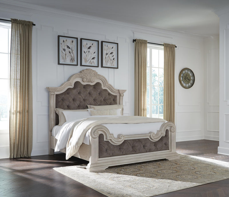 Bruchandi King Upholstered Panel Bed with Dresser and Nightstand in Antique White - PKG023748