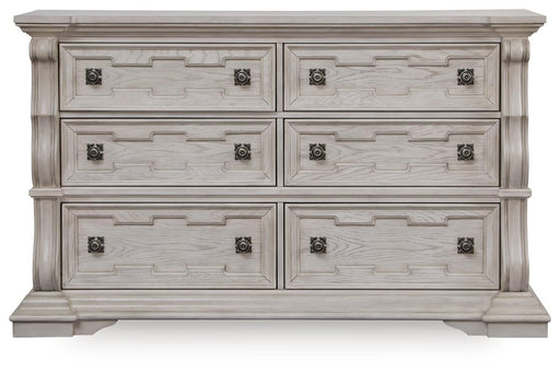 Bruchandi King Upholstered Panel Bed with Dresser and Nightstand in Antique White - PKG023748