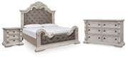 Bruchandi King Upholstered Panel Bed with Dresser and Nightstand in Antique White - PKG023748