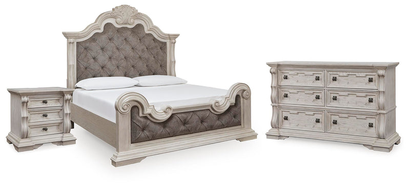 Bruchandi King Upholstered Panel Bed with Dresser and Nightstand in Antique White - PKG023748
