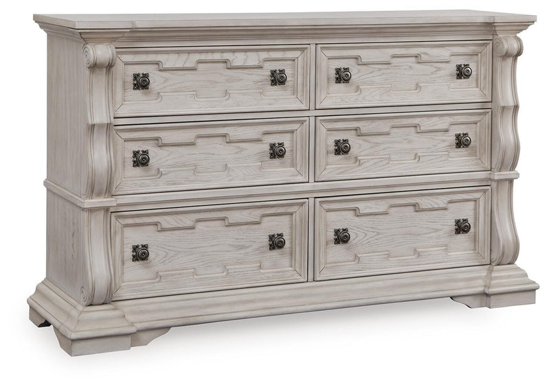 Bruchandi King Upholstered Panel Bed with Dresser and Nightstand in Antique White - PKG023748