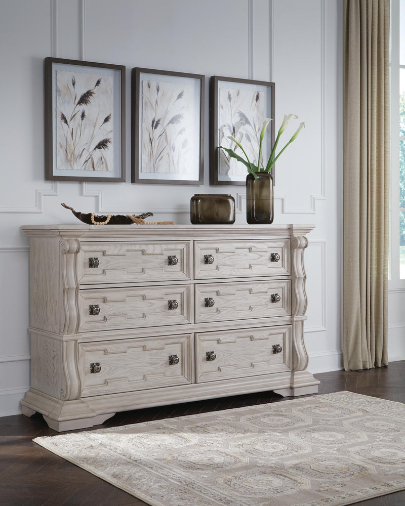 Bruchandi King Upholstered Panel Bed with Dresser in Antique White - PKG023745