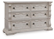 Bruchandi King Upholstered Panel Bed with Dresser in Antique White - PKG023745