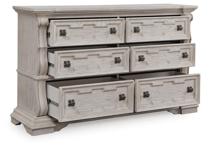 Bruchandi King Upholstered Panel Bed with Dresser in Antique White - PKG023745