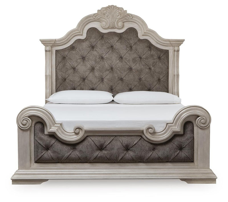 Bruchandi King Upholstered Panel Bed with Dresser in Antique White - PKG023745
