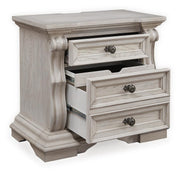 Bruchandi King Upholstered Panel Bed with Mirrored Dresser and Nightstand in Antique White - PKG023747
