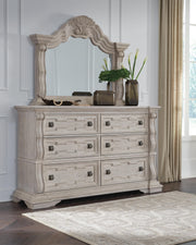 Bruchandi King Upholstered Panel Bed with Mirrored Dresser and Nightstand in Antique White - PKG023747