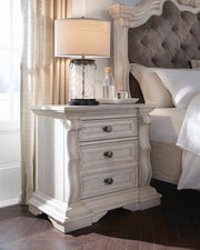 Bruchandi King Upholstered Panel Bed with Mirrored Dresser and Nightstand in Antique White - PKG023747