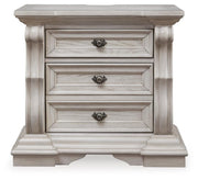 Bruchandi King Upholstered Panel Bed with Mirrored Dresser and Nightstand in Antique White - PKG023747