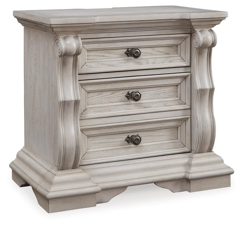 Bruchandi King Upholstered Panel Bed with Mirrored Dresser and Nightstand in Antique White - PKG023747