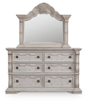 Bruchandi King Upholstered Panel Bed with Mirrored Dresser in Antique White - PKG023746