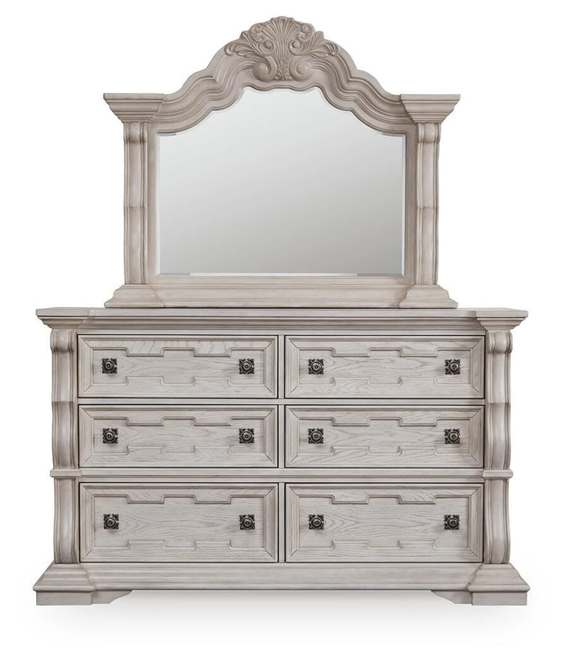 Bruchandi King Upholstered Panel Bed with Mirrored Dresser in Antique White - PKG023746