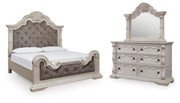 Bruchandi King Upholstered Panel Bed with Mirrored Dresser in Antique White - PKG023746