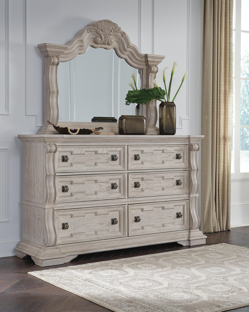 Bruchandi King Upholstered Panel Bed with Mirrored Dresser in Antique White - PKG023746