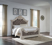 Bruchandi King Upholstered Panel Bed with Mirrored Dresser in Antique White - PKG023746