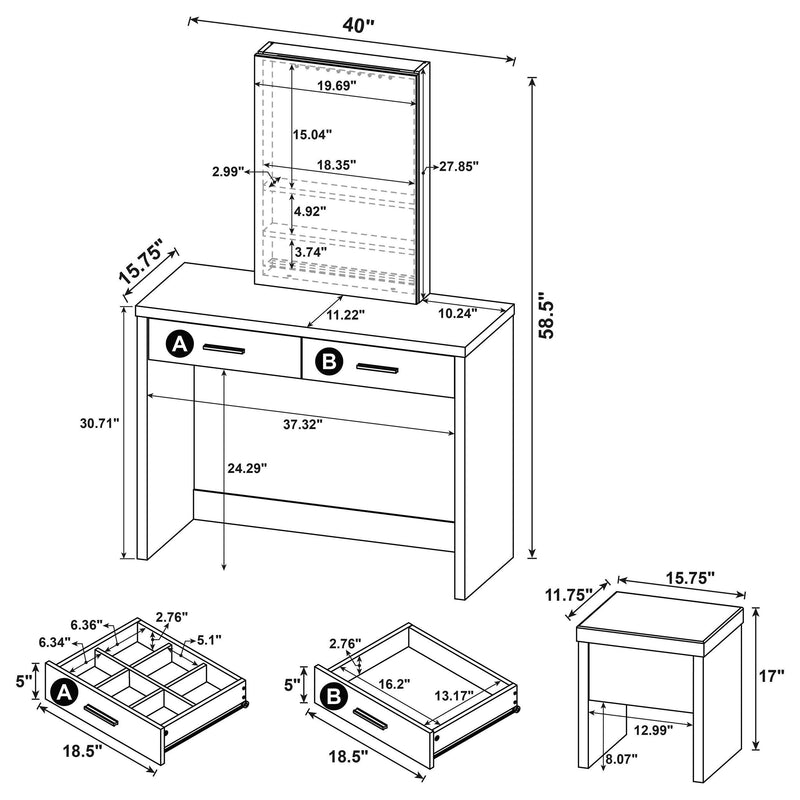 Bunbury Makeup Vanity Table Set Storage Mirror and Stool White - 930280