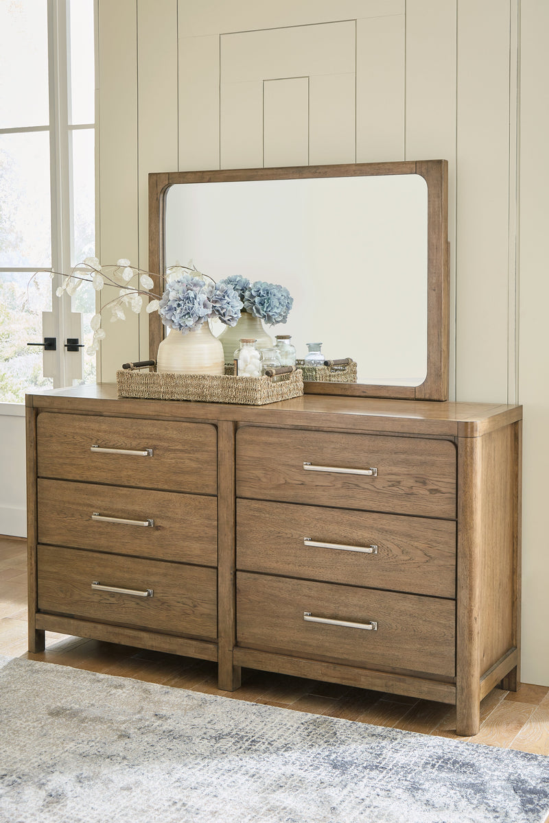 Cabalynn King Upholstered Bed with Mirrored Dresser in Light Brown - PKG015728