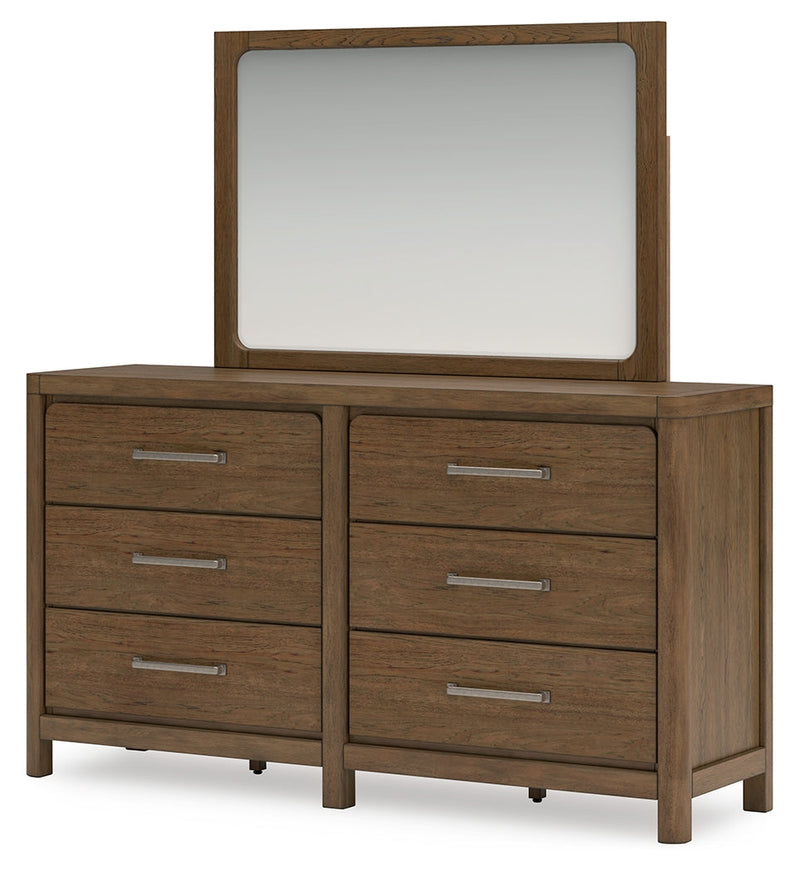 Cabalynn Queen Upholstered Bed with Mirrored Dresser in Light Brown - PKG015716