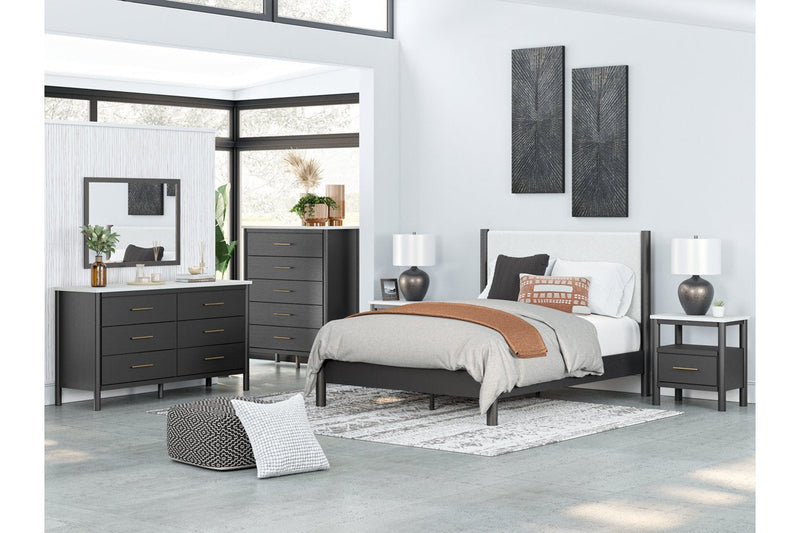 Cadmori Black/White Queen Upholstered Platform Bed - Gate FurnitureQueen Bed