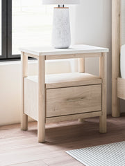 Cadmori Queen Upholstered Panel Bed with Mirrored Dresser and Chest in Two-tone from Ashley - Luna Furniture