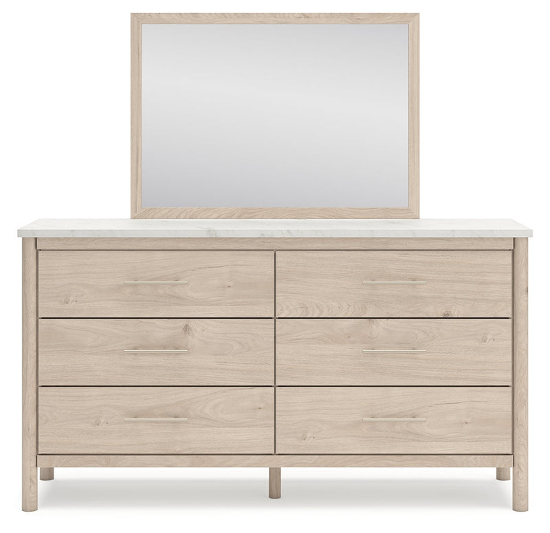 Cadmori Queen Upholstered Panel Bed with Mirrored Dresser and Nightstand in Two-tone from Ashley - Luna Furniture