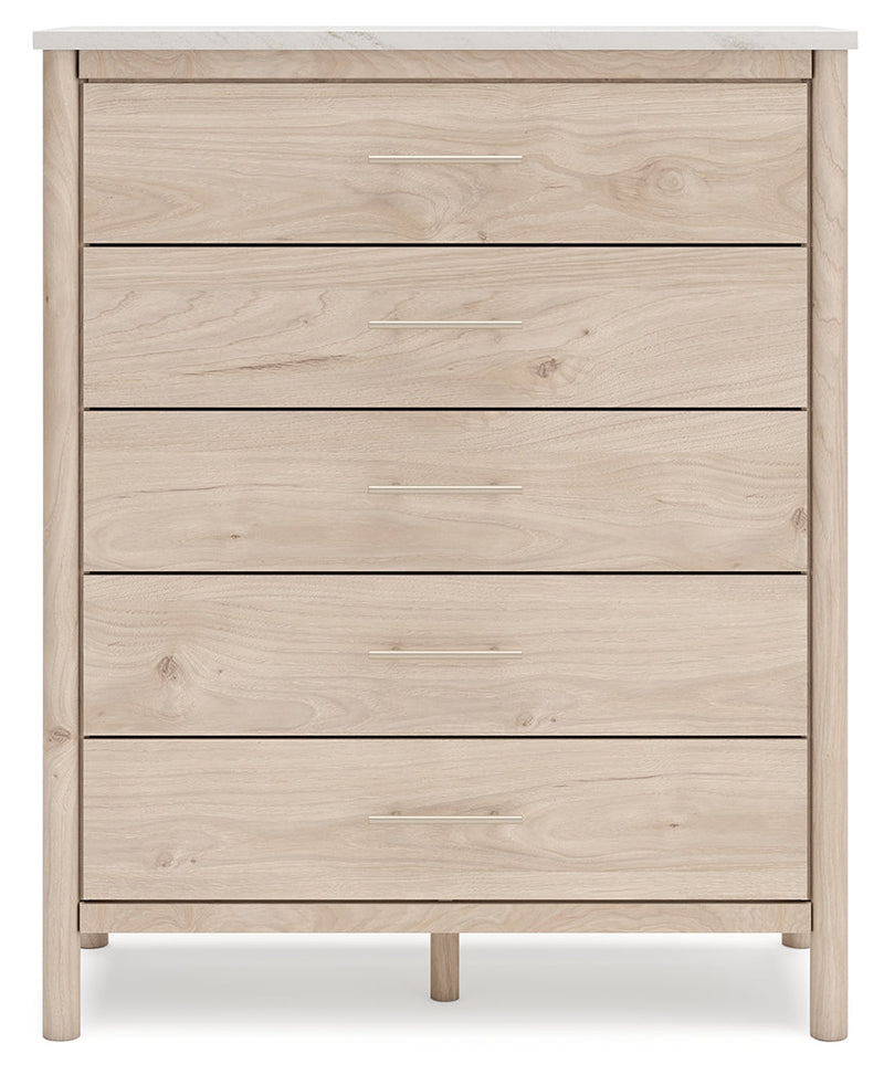 Cadmori Queen Upholstered Panel Bed with Mirrored Dresser, Chest and Nightstand in Two-tone from Ashley - Luna Furniture