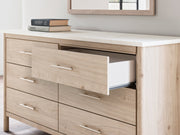 Cadmori Queen Upholstered Panel Bed with Mirrored Dresser in Two-tone - PKG018757