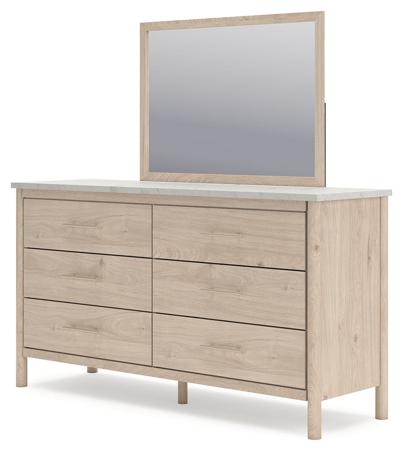 Cadmori Queen Upholstered Panel Bed with Mirrored Dresser in Two-tone - PKG018757