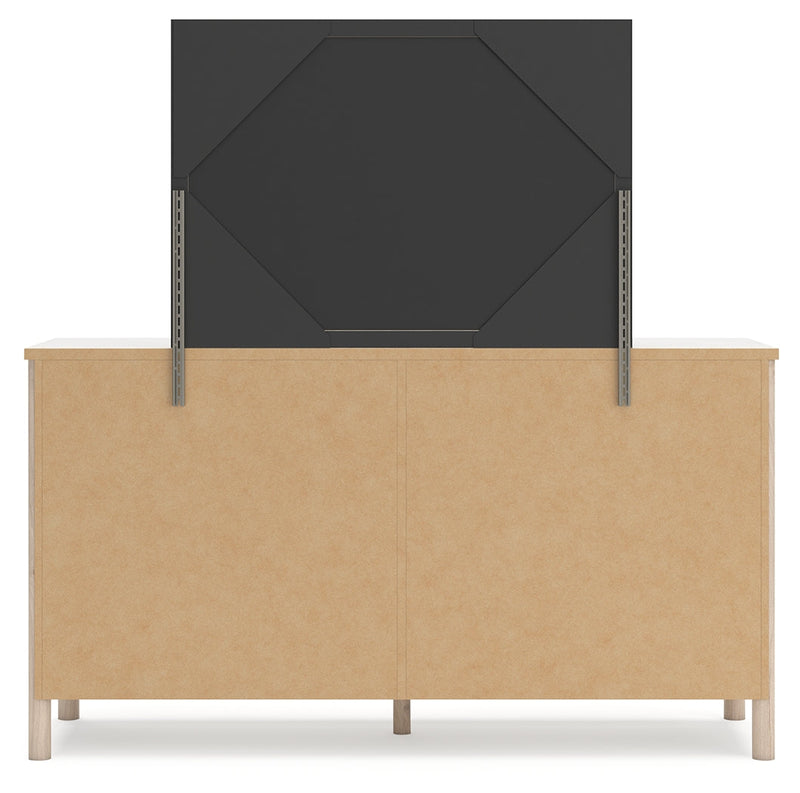 Cadmori Queen Upholstered Panel Bed with Mirrored Dresser in Two-tone - PKG018757