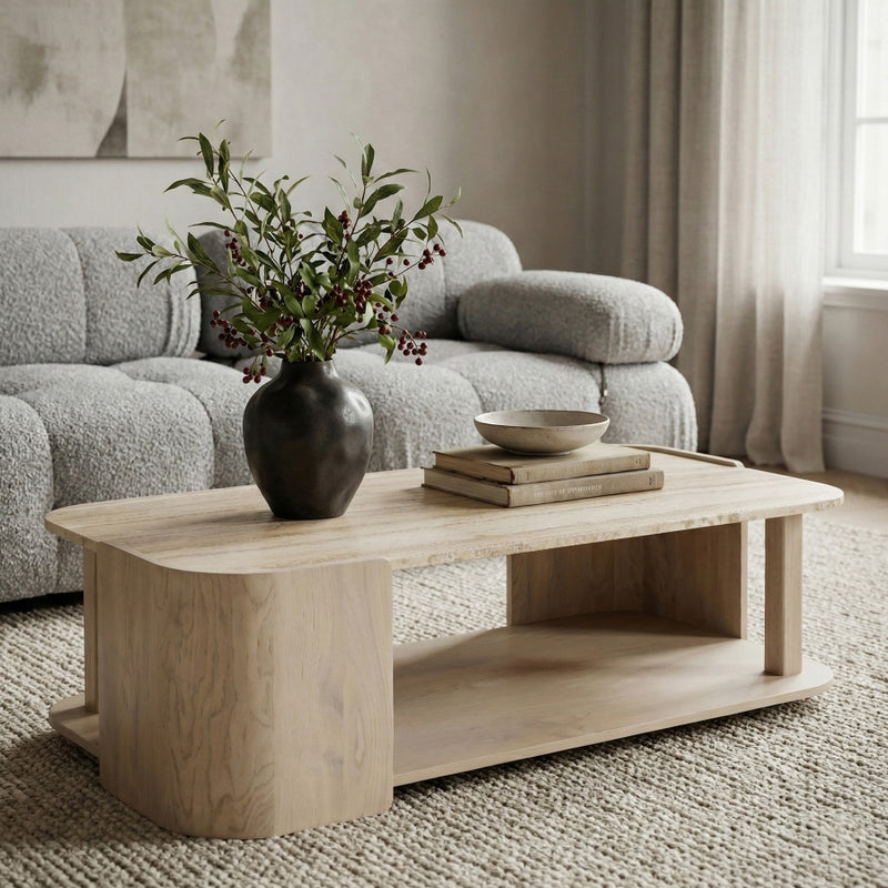 Calabria Genuine Marble And Oak Wood Coffee Table in Cream - 77045Cream-CT