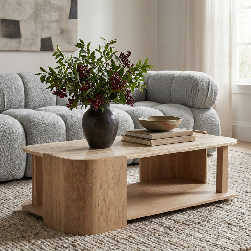 Calabria Genuine Marble And Oak Wood Coffee Table in Natural - 77045Natural-CT