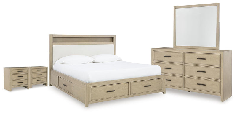 Calmoro California King Bookcase Bed with Mirrored Dresser and 2 Nightstands in Gray - PKG021396