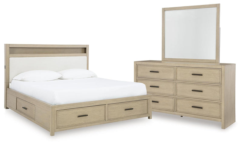 Calmoro California King Bookcase Bed with Mirrored Dresser in Gray - PKG021395